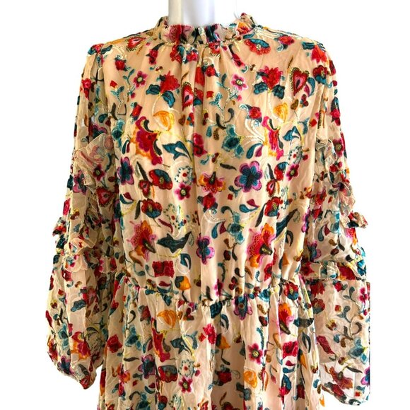 Bohemian Festival Multicolor Burnout Velvet Floral Midi Dress Ruffle Mock Neck - Picture 5 of 7